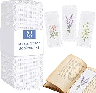 Fuyoooo 빈 십자수 책갈피 50개, 14개 면 원단 DIY 책 마커 7.1 x 19.1cm(2.8 x 7.6인치) 화이트 레이스 엣지 여성용 공예 나이트 북 애호가 선물