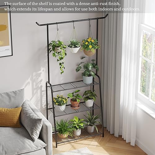 Miniatura 3 de Soporte para plantas para interiores y exteriores, soportes de metal para múltiples plantas, estante colgante de 3 niveles de alto, soporte de