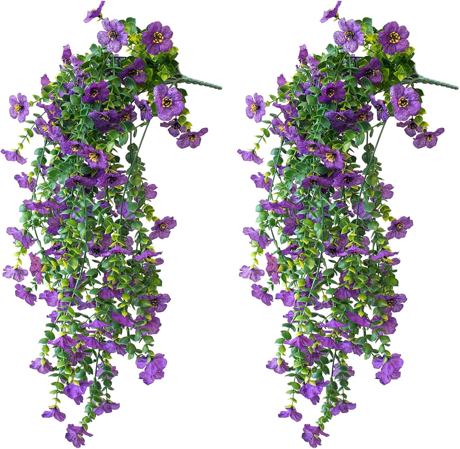 Artificial Hanging Flowers for Outdoors, 2 Pcs UV Resistant Artificial Outdoor Flowers, Not-Fading Fake Hanging Plant for Outdoor Planters for Home Garden Porch Yard Decor,Double Purple