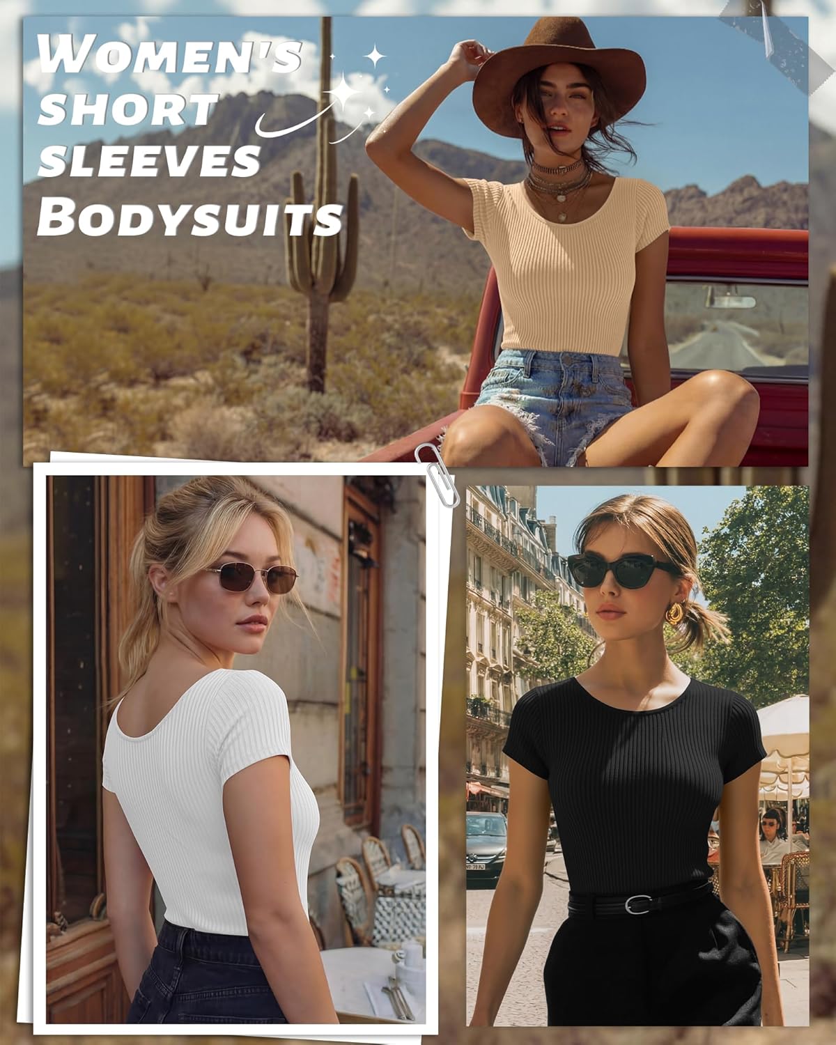 3 Pack Women's Short Sleeve Bodysuit Ribbed Crew Neck T Shirts Cotton Leotards Summer Basic Slim Fit Body Suit Tops Nude, White, Black X-Large