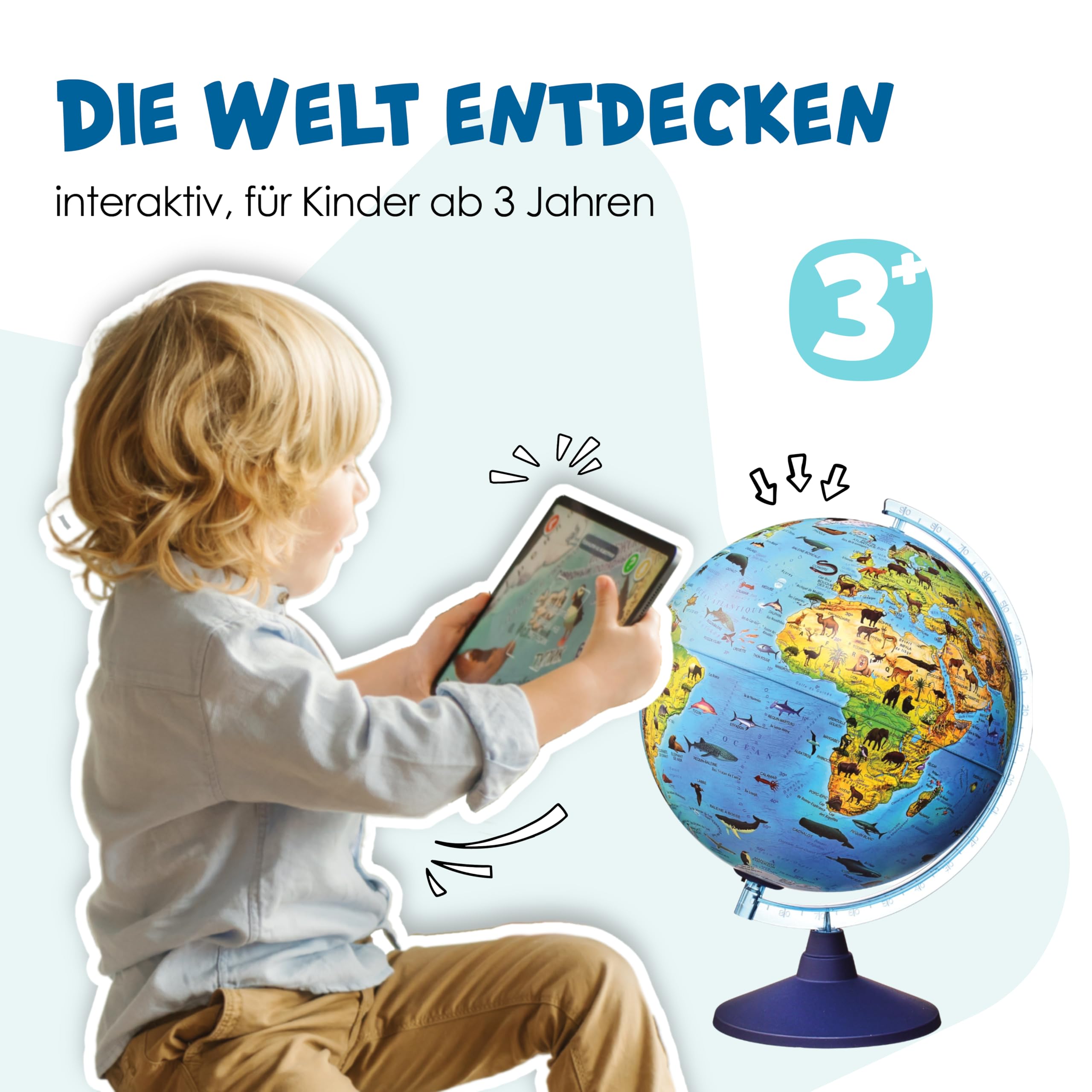 Alldoro 68620 3D Lexi Globus Zoo Ø 25 cm ze Smartfonem IQ Globe App, Świecący z Lampą LED Bez Kabla, Dziecięcy ze Zwierzętami, Mapa Świata, Geograficzny, Podświetlany
