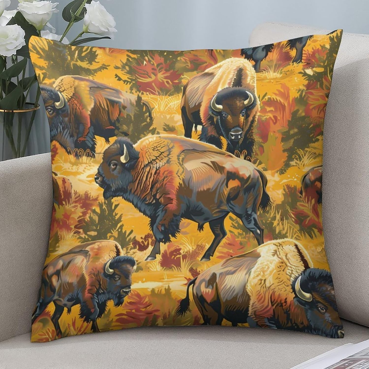 Bison Herd Printed Throw Pillow Case 4 Pcs Soft Pillowcases Pillows Covers Sofa Bed Decor 12/14/16/17/18/20/22/24/32 Inches