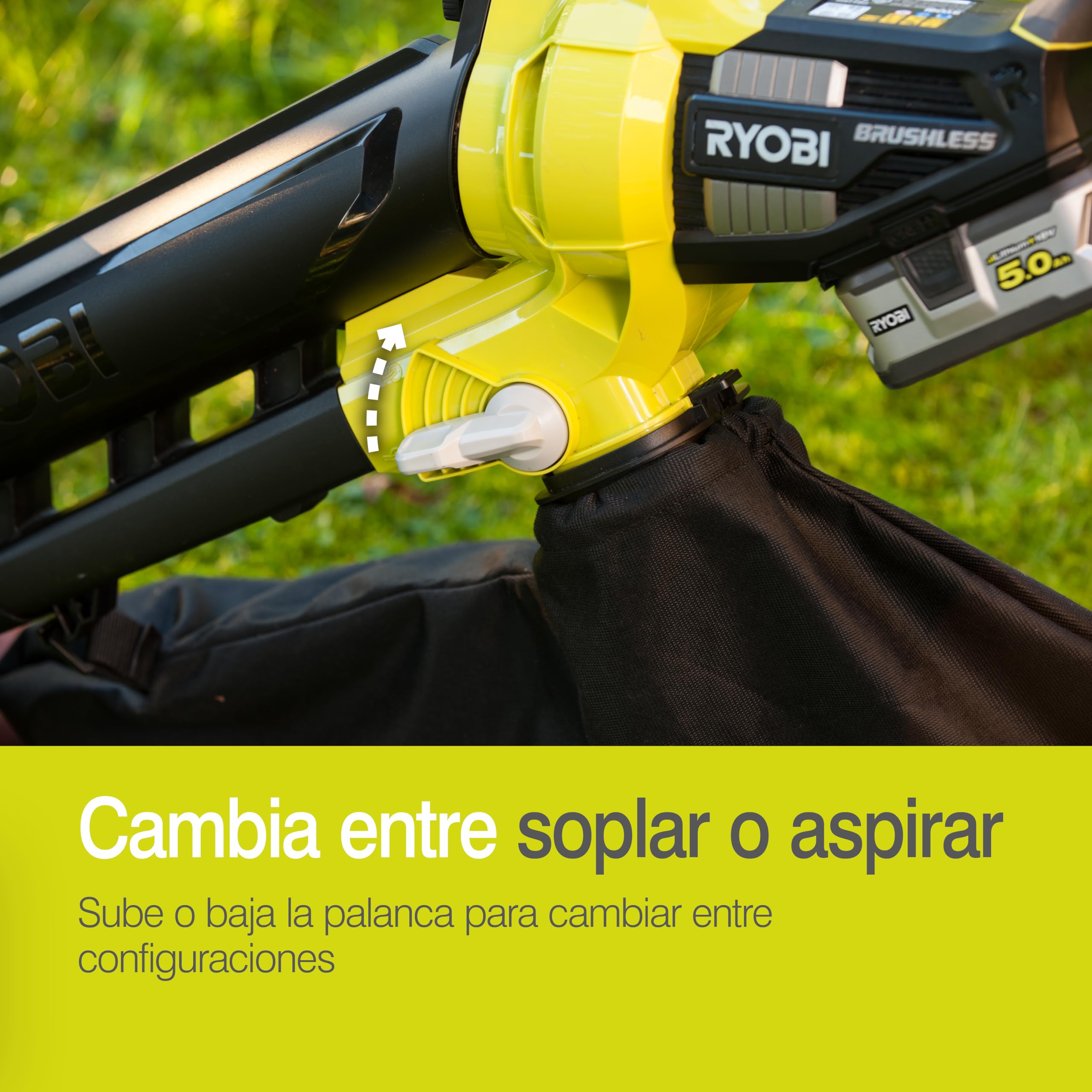 RYOBI - Soplador/Aspirador/Triturador Eléctrico Sin Cable a Batería 18V One+ Brushless - Limpieza Hojas, Pasillos Exteriores, Terrazas, Céspedes y Pequeños Jardines - 1 Bolsa Impermeable 35L - OBV18
