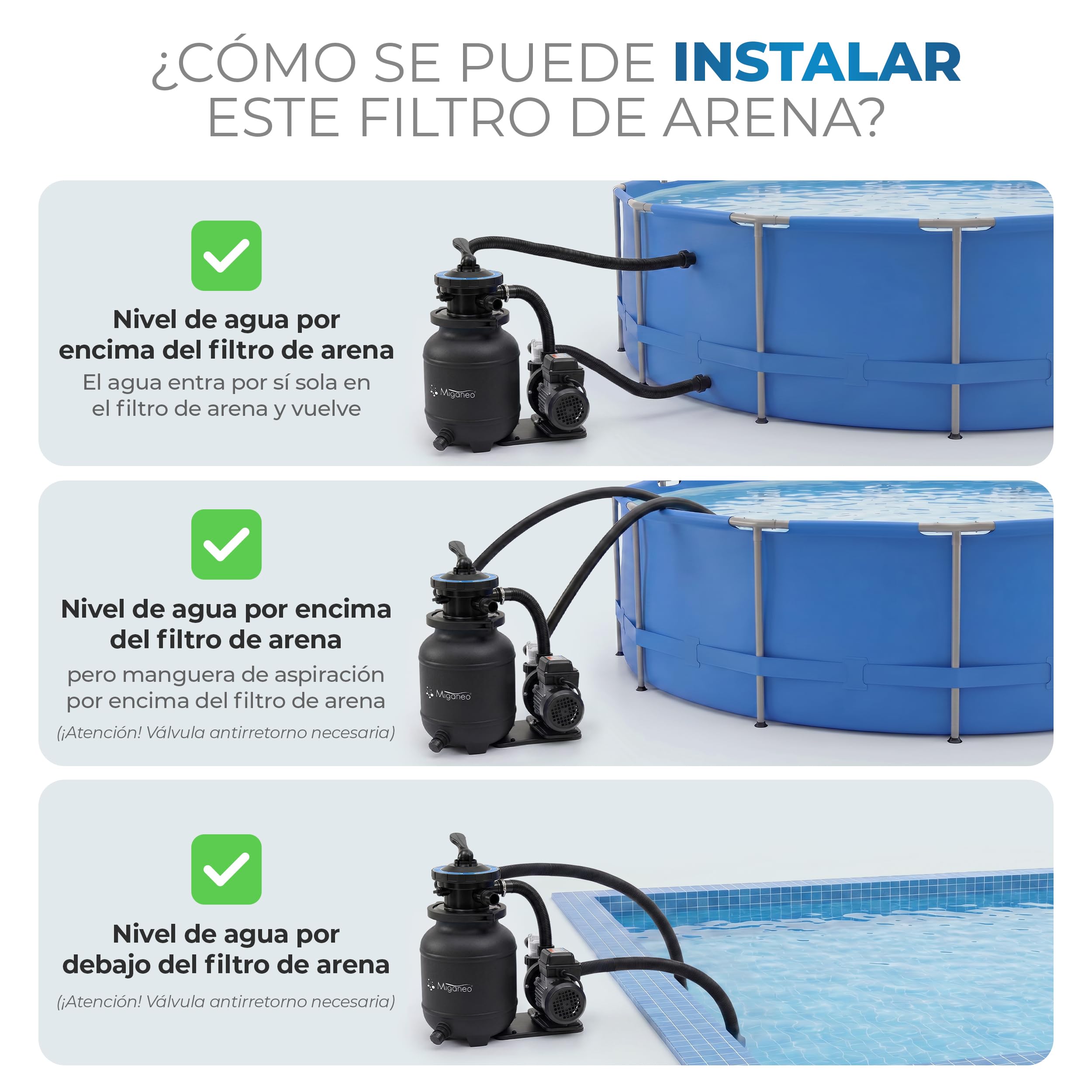 Miganeo® Speed Clean 7000 filtro de arena con temporizador para piscinas de hasta 22 m³ autoaspirante (Negro, Azul, Plata), negro
