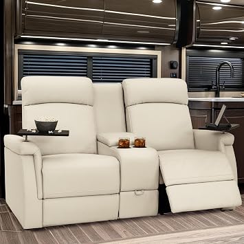 Odyssey RV Loveseat w/Storage Console, Ultimate Leather, Heat & Massage, Power Lumbar, Power Recline, Bisque