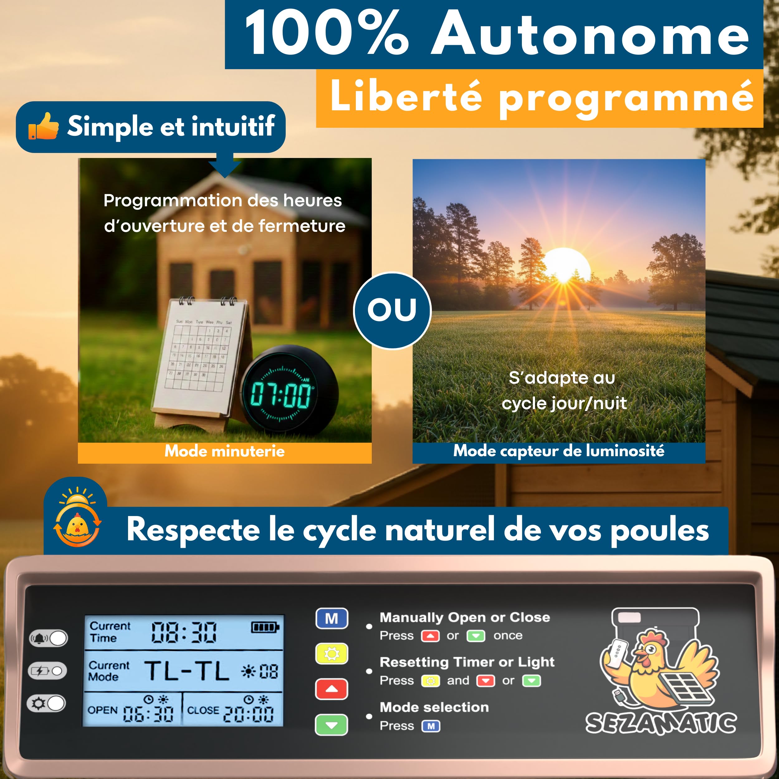 Porte Poulailler Automatique Solaire SEZAMATIC - Aluminium - Ecran LCD - Télécommande - Capteur de Lumière et Minuterie - Fonction Anti-pincement - Sécurité et Tranquillité d'esprit - Garantie 2 Ans