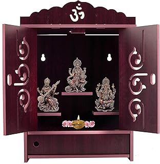 Handmade Wooden Home Temple with Doors and Storage Box. - (Maroon)