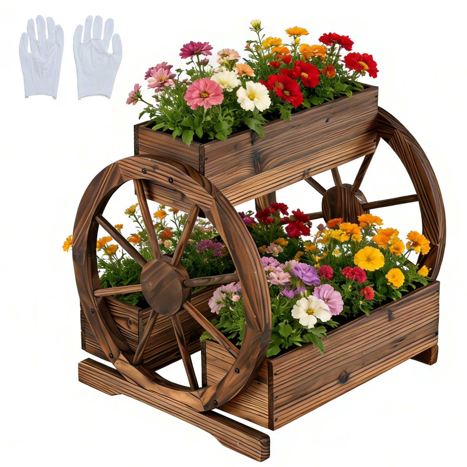 HOMASIS Jardinière Surélevée à 2/3 Niveaux en Bois, Bacs à Fleurs en Forme de Chariot avec roulettes, Trous de Drainage et Gants, pour Jardin, Balcon, Terrasse, Marron (61,5 x 55 x 59 cm)