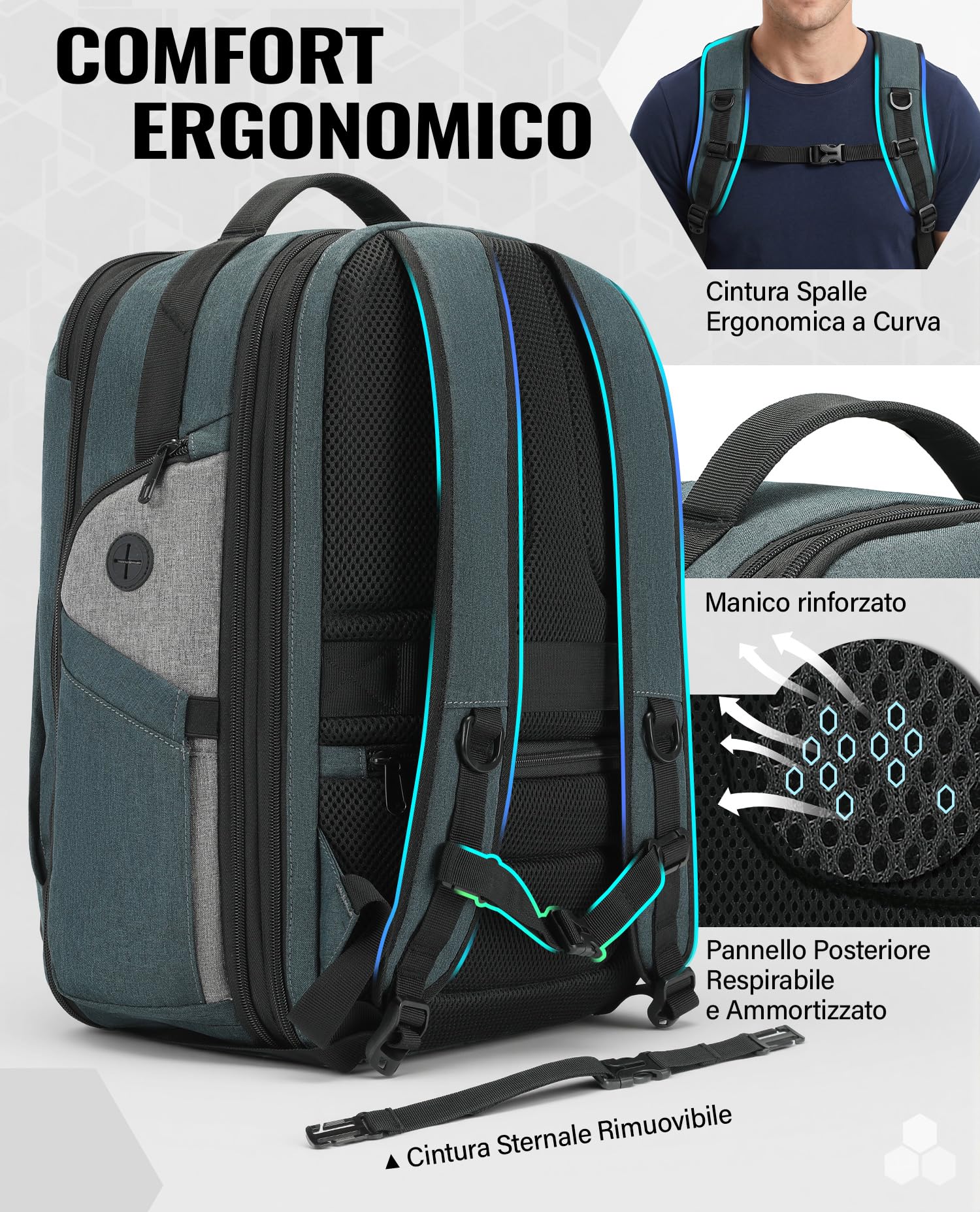 VANKEV Zaino da Viaggio Espandibile Bagaglio a Mano per EasyJet Borsa PC | 30L-38L, Grande Capacità, Zaino Leggero per PC 17 Pollici, Borsa da Viaggio Casual per Uomo e Donna, Blu Ardesia Quantistica