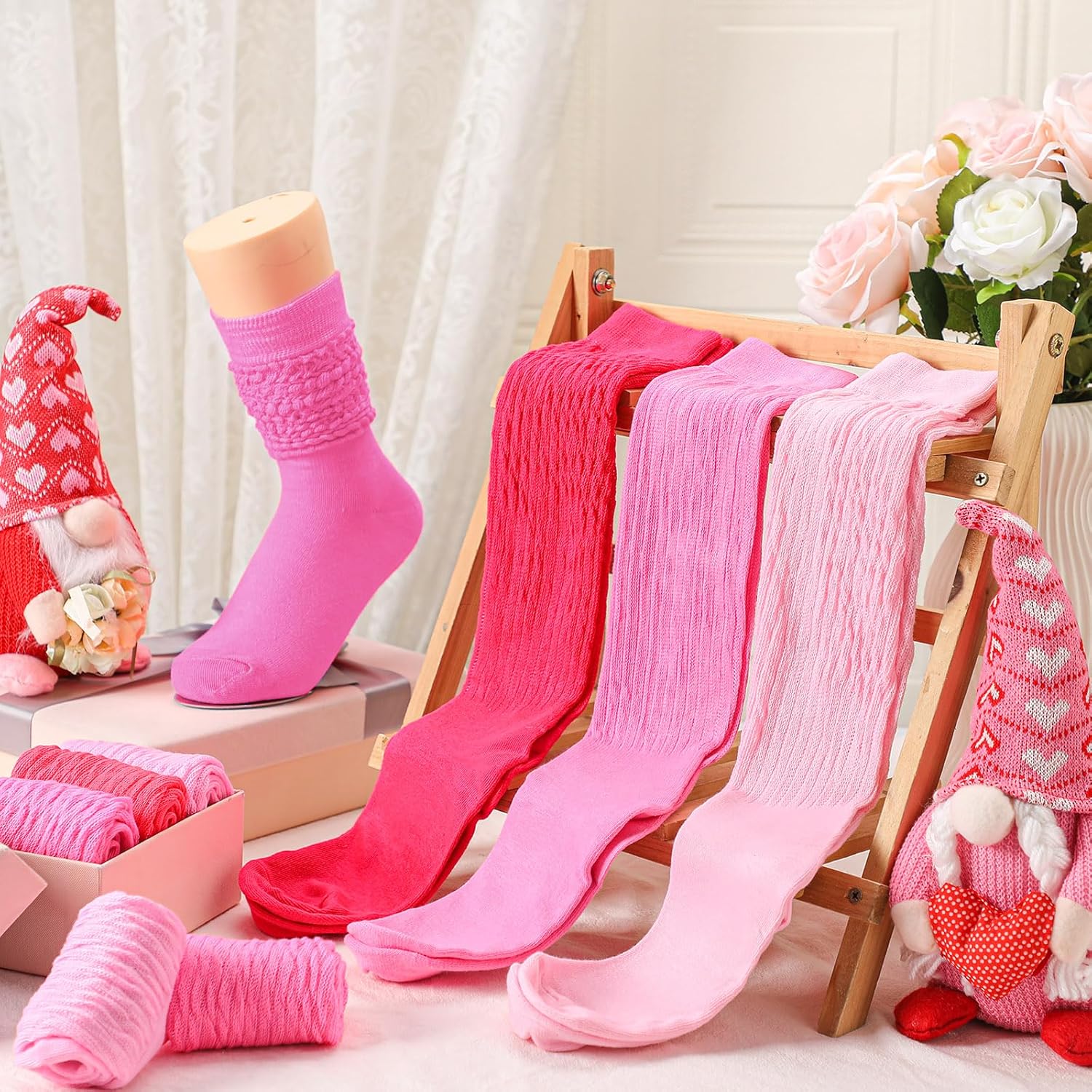 6 Pairs Valentines Pink Slouch Socks for Women Knee High Tube Long Hosiery 80s 90s Hot Pink Neon Scrunch Breathable Socks for Summer Outdoor Sports Valentines Birthday Gifts for Wife Sister Women - Image 2