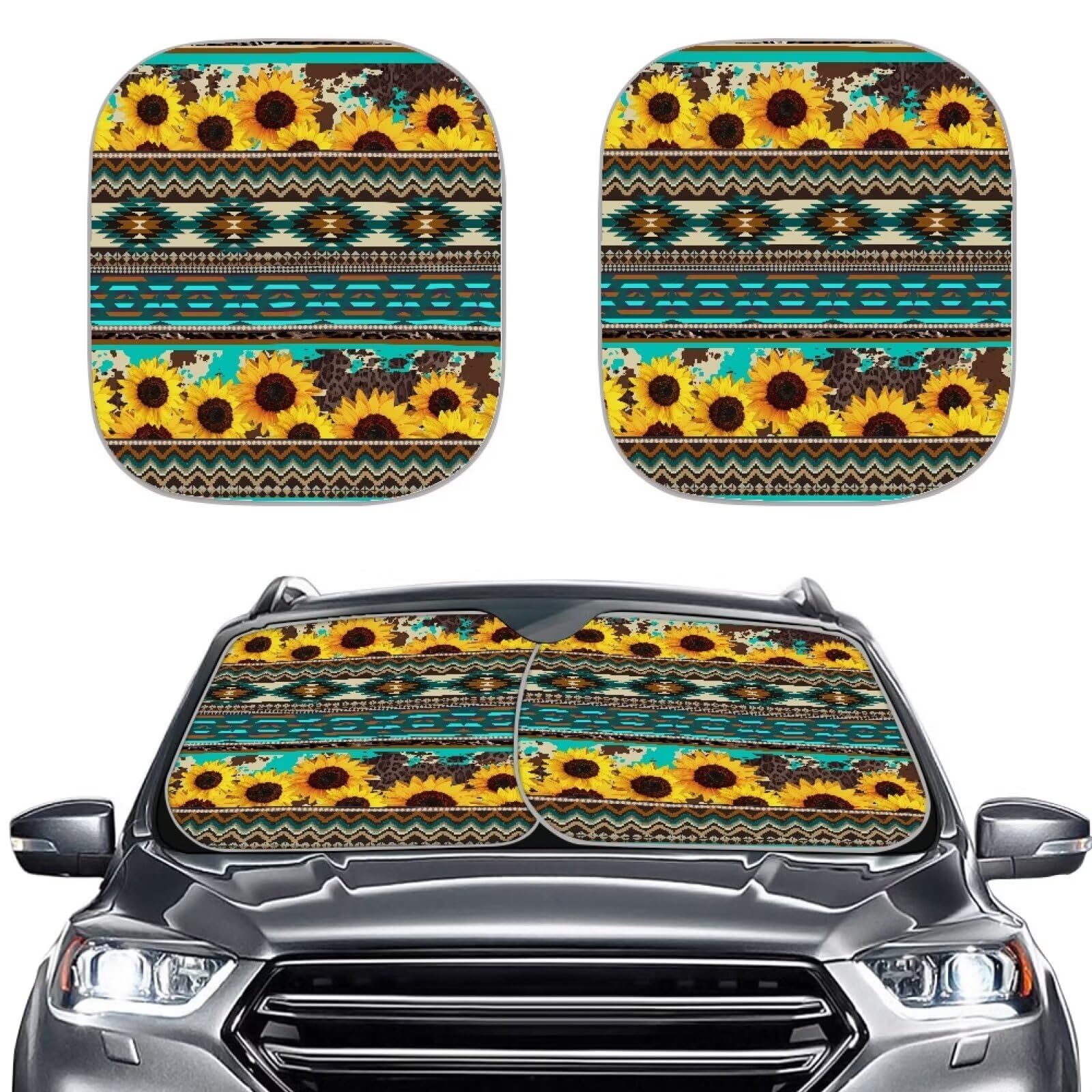 Car Sun Visor Auto Front Windshield Sun Shade, 2 Pcs Set, Sun Blocker Visor Protector Mat,Southwest Aztec Sunflower Car Accessories, Keep Your Vehicle Cool and Freshing