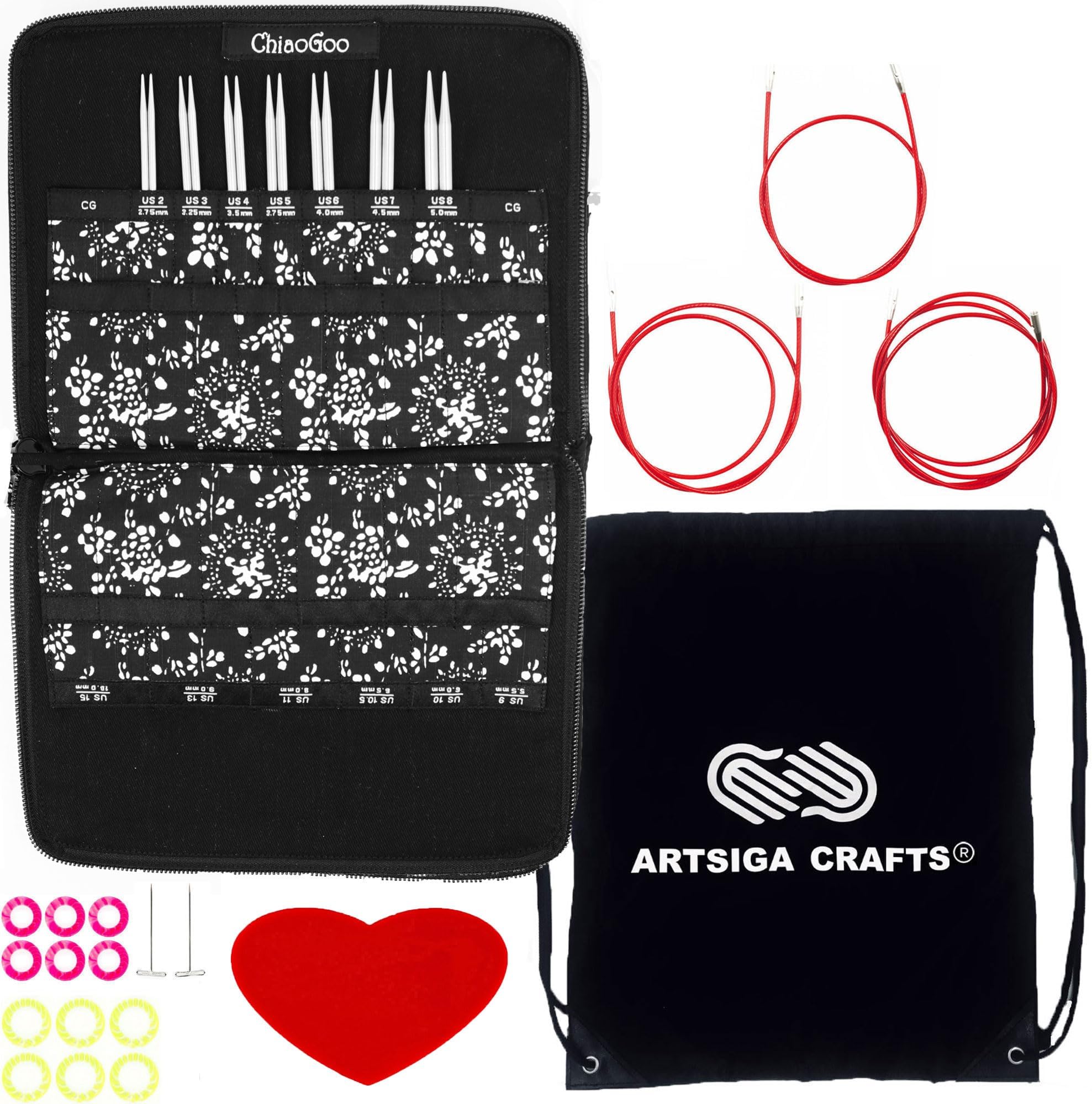Knitting Needles Interchangeable Twist Red Lace Small 5-Inch Needle Set Bundle with 1 Artsiga Crafts Project Bag 7500-S