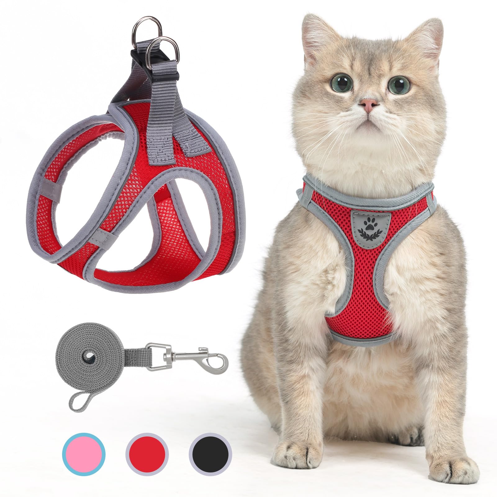 SCENEREAL Cat Harness and Leash Set Escape Proof, Adjustable Soft Air Mesh Kitten Harnesses for Girls Boys Small Medium Big Cats, Reflective Light