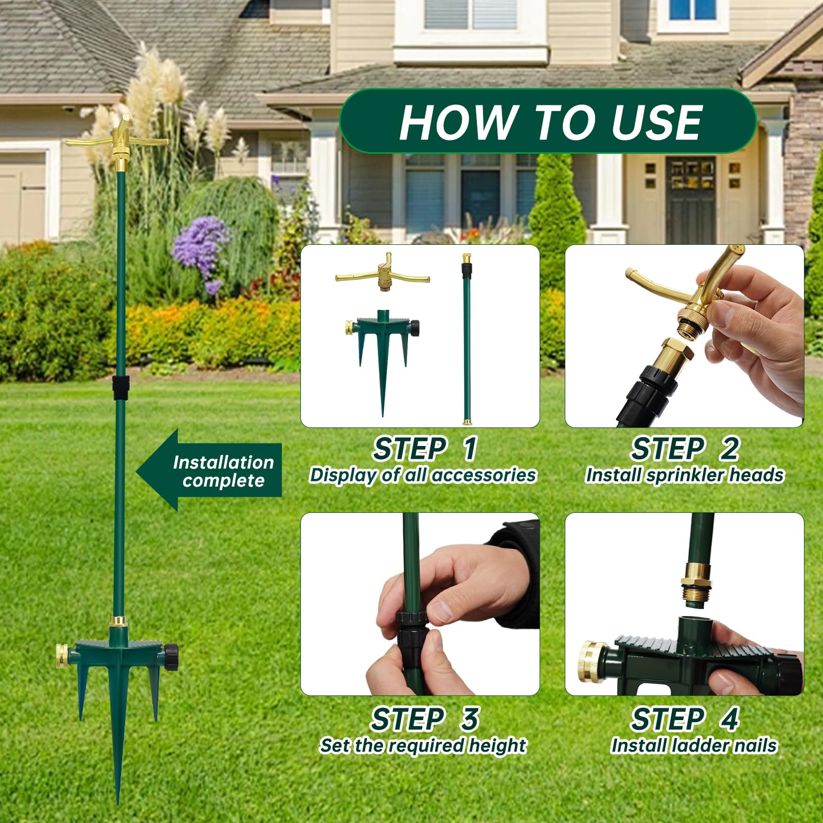Aspersor de jardín giratorio de 360° de 3 brazos, paquete de 2 aspersores telescópicos con estaca, aspersor de agua de latón para césped de jardín para grandes áreas de hasta 40 pulgadas