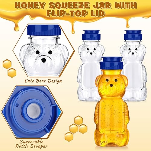 Miniatura 3 de Thenshop 36 tarros de miel de 8 onzas, dispensador de botellas de oso vacío de plástico transparente transparente con tapa superior abatible para