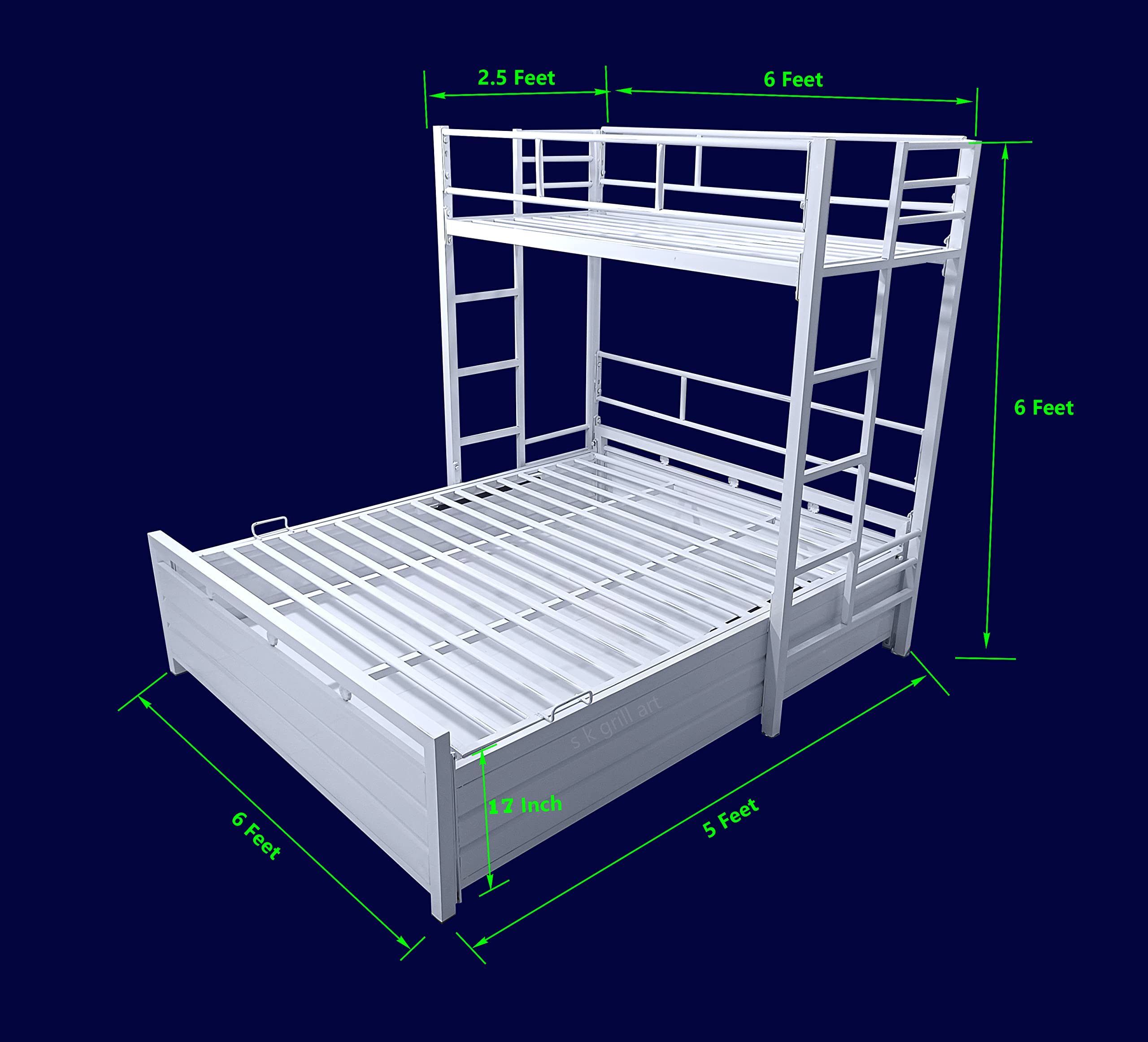 s k grill art Wrought Iron Metal Bunk Bed Frame for Adults Kids with Storage Box Queen Plus Single Size Twin Loft (5 X 6 feet + 2.5 X 6 feet, White Colour Powder Coated) 2