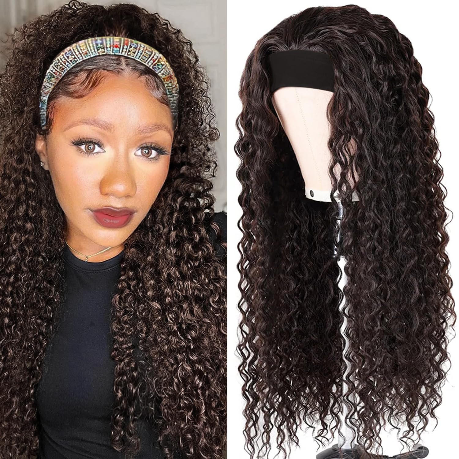 Headband Wig Human Hair Deep Wave Half Wigs Glueless None Lace Front Wigs with Headband Attached Brazilian Human Hair Headband Wigs Glueless Curly