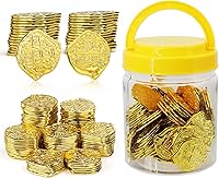 Vista 1 de Monedas piratas de oro de plástico, 100 unidades, juego del tesoro pirata, réplica dorada, monedas de doblones españoles con frasco, juego