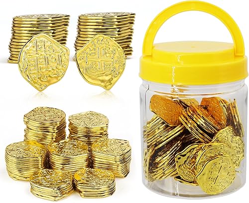 Monedas piratas de oro de plástico, 100 unidades, juego del tesoro pirata, réplica dorada, monedas de doblones españoles con frasco, juego de