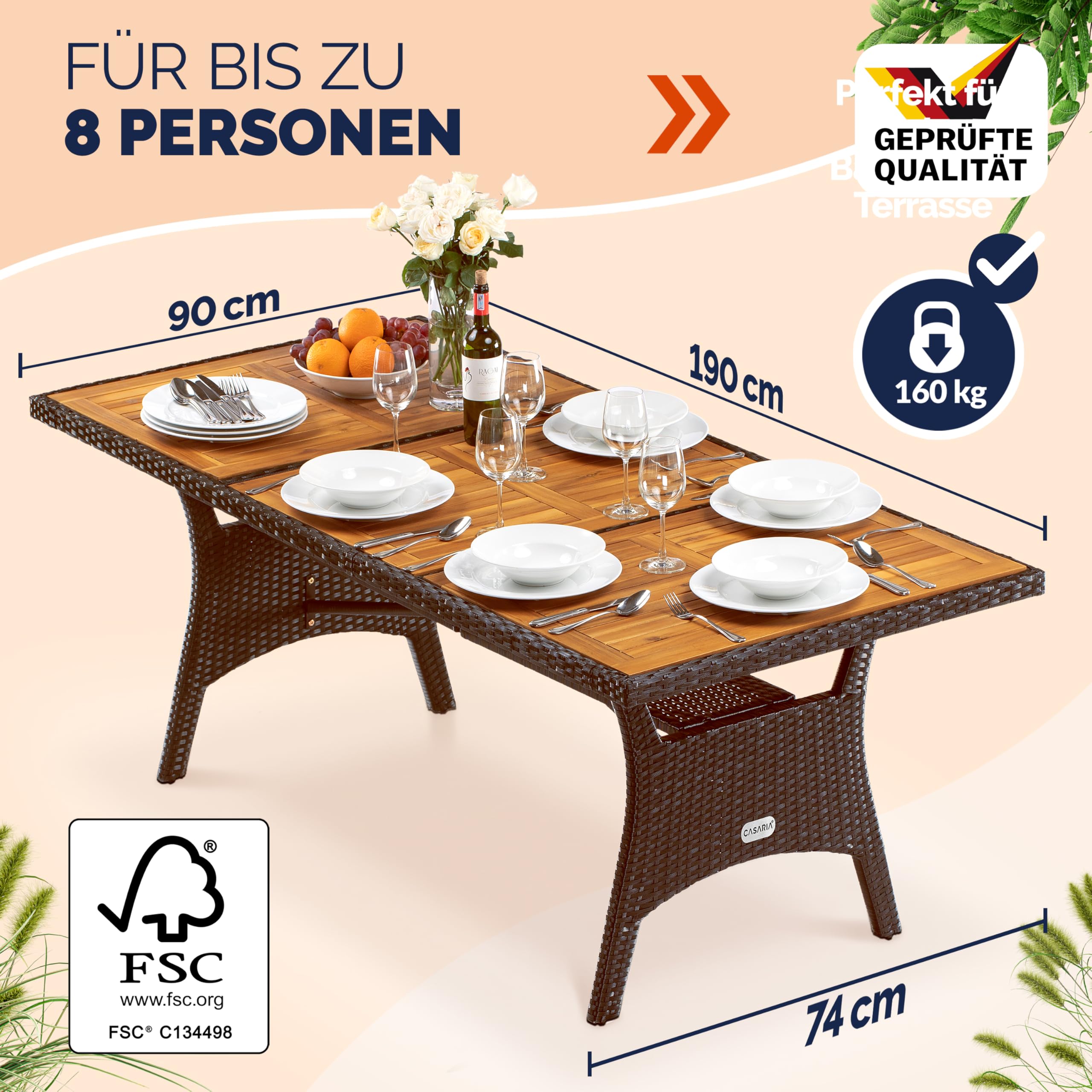 Casaria® Polyrattan Gartentisch mit Ablage FSC®- zertifiziertes Akazienholz 190x90 cm Höhenverstellbar Wetterfest Garten Terrasse Esstisch Tisch Braun