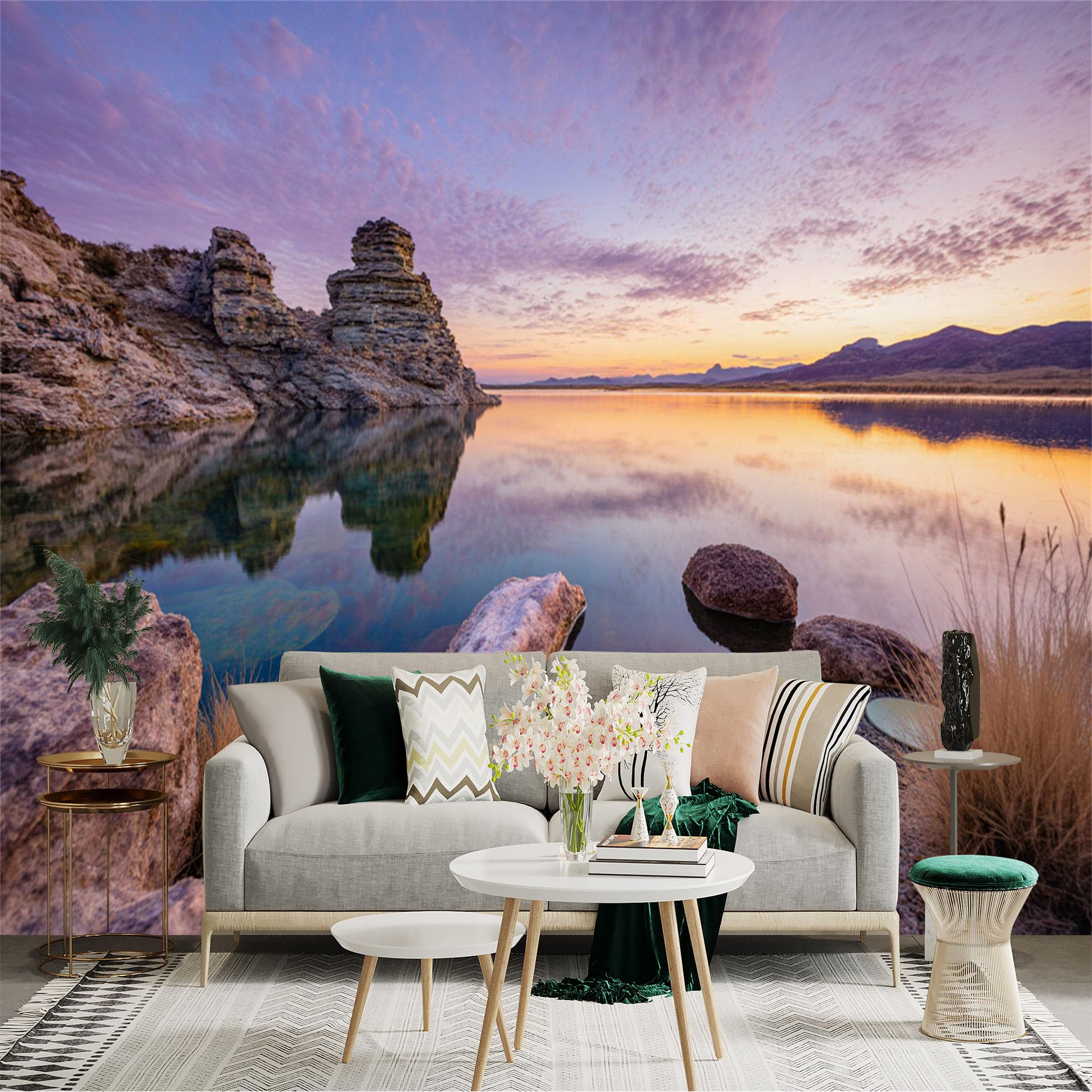 Custom Size Wall Sticker Mural， Scenic Lake with Rocky Shore， Sunset Reflection， Nature Landscape， Serene Water View， for wall Decoration， peelandstick wall Decals.