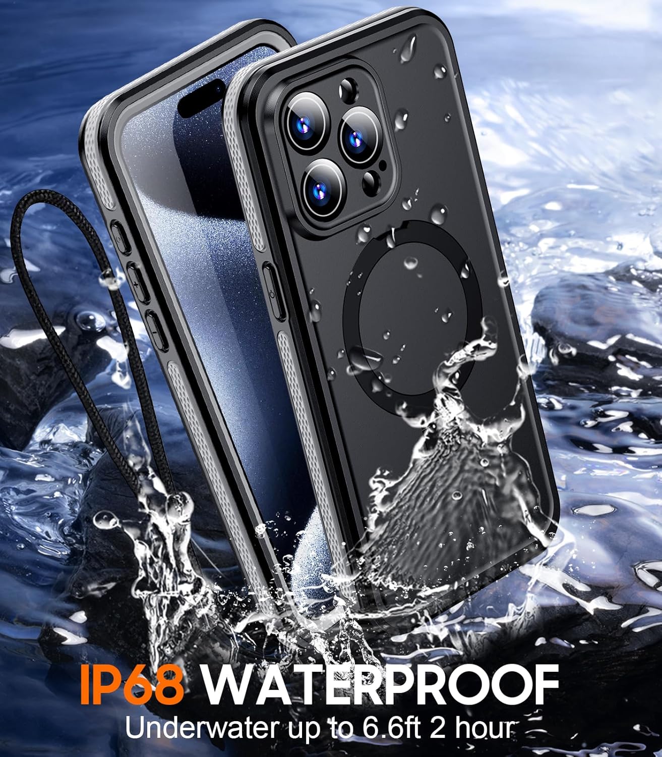 Temdan Magnetic for iPhone 15 Pro Max Case Waterproof, [Built-in Ring Invisible Stand & Screen Protector][IP68 Underwater][Dropproof][Dustproof][Real 360] Shockproof Protective Phone Case 6.7'' -Gray