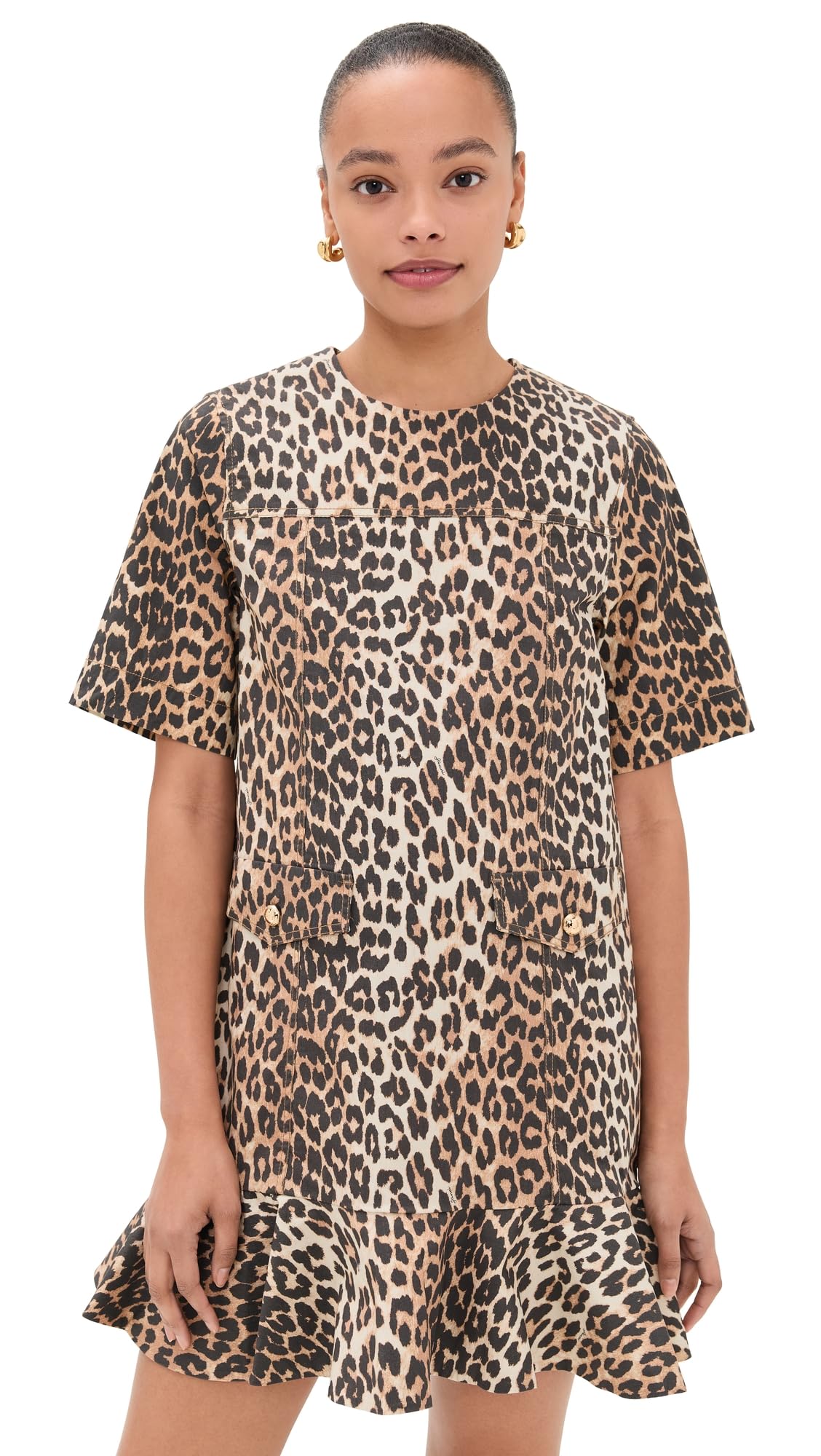 Ganni Women's Printed Stretch Cotton Mini Dress with Frill