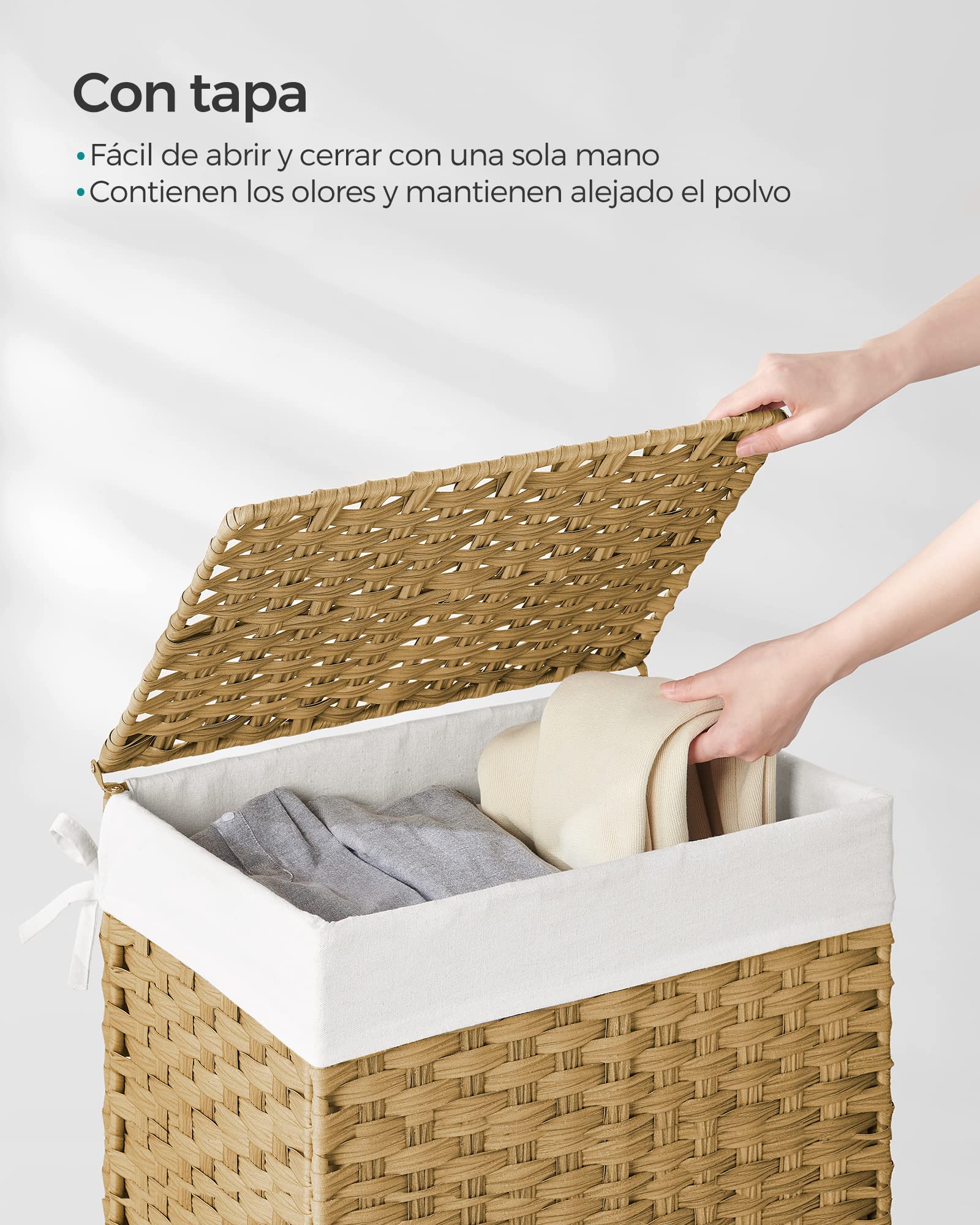 SONGMICS Cesta de Almacenamiento 90 L con Tapa Plegable Bolsas de Tela Extraíbles Natural LCB51NL
