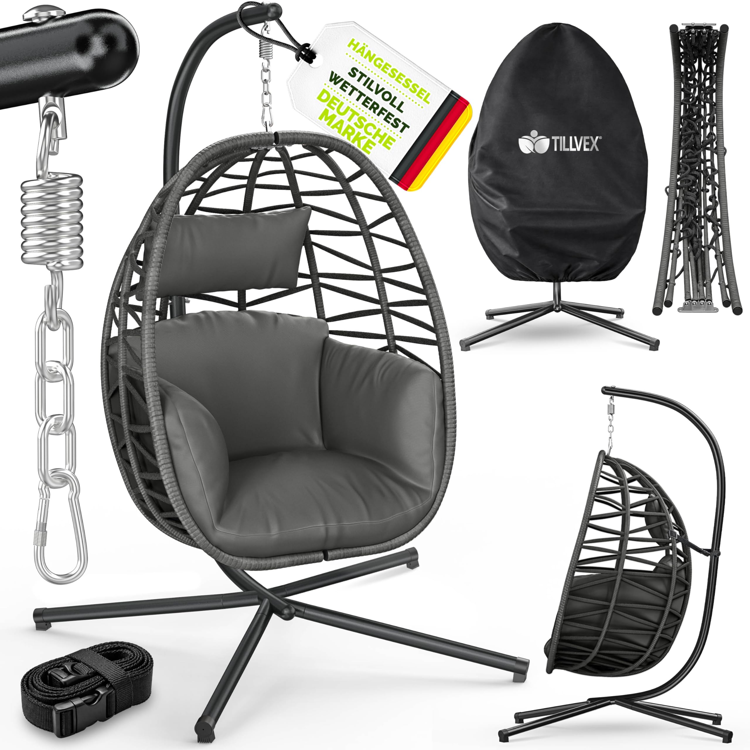tillvex® Hängesessel mit Gestell Outdoor & wetterfester Abdeckung inkl. Befestigung | Hängekorb klappbar bis 150 kg | Hängesitz aus Rattan | Hängestuhl für Indoor Garten Balkon Terrasse (Anthrazit) - 1