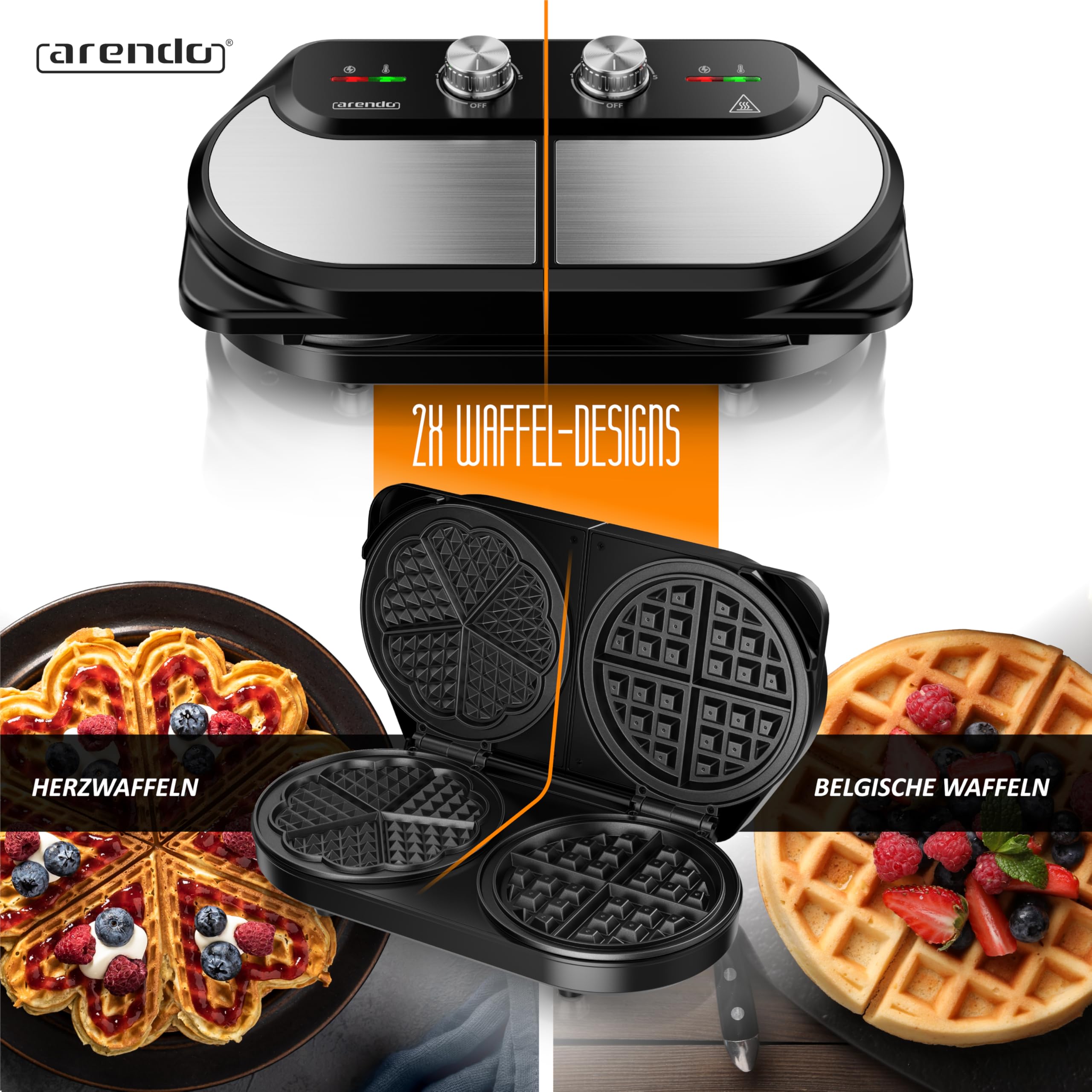 Arendo - Waffeleisen doppelt - Belgische Waffel/Herzform - zwei verschiedene Designs - 2 Zonen - Temperaturregler - Antihaftbeschichtung – 1400 W - Edelstahl - silber/schwarz - BPA frei