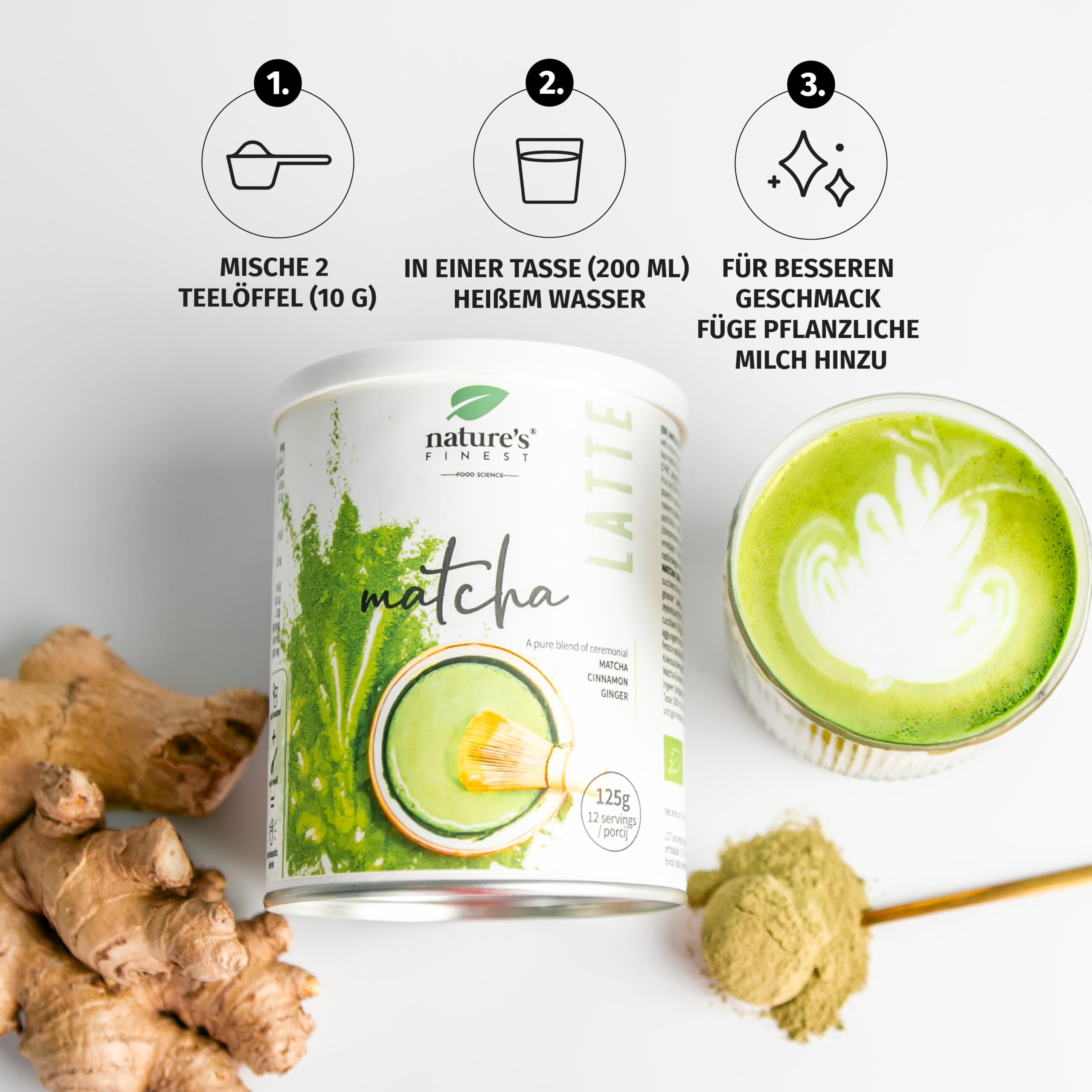 Nature's Finest Bio Matcha Chai Latte, Getränkepulver 375 g (3er Pack) | Matcha-Grüntee (20 %) mit Zimt, Ingwer & Kokosblütenzucker auf Reisdrink-Basis - bio, vegan, cremig aufgeschäumt
