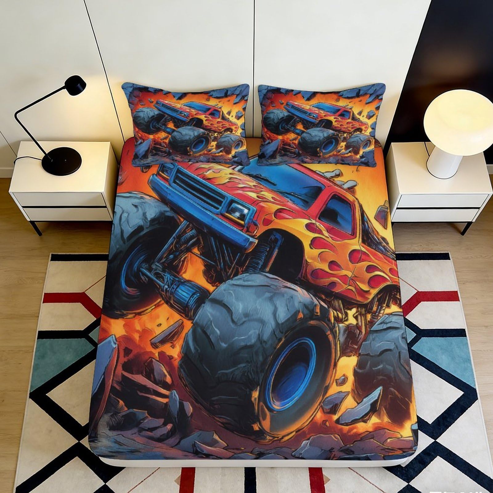3D Printed Monster Truck Fitted Sheet Microfiber Soft Washable Fire Flames Bed Cover for Bedroom Guest Room Decor 90x200x25cm