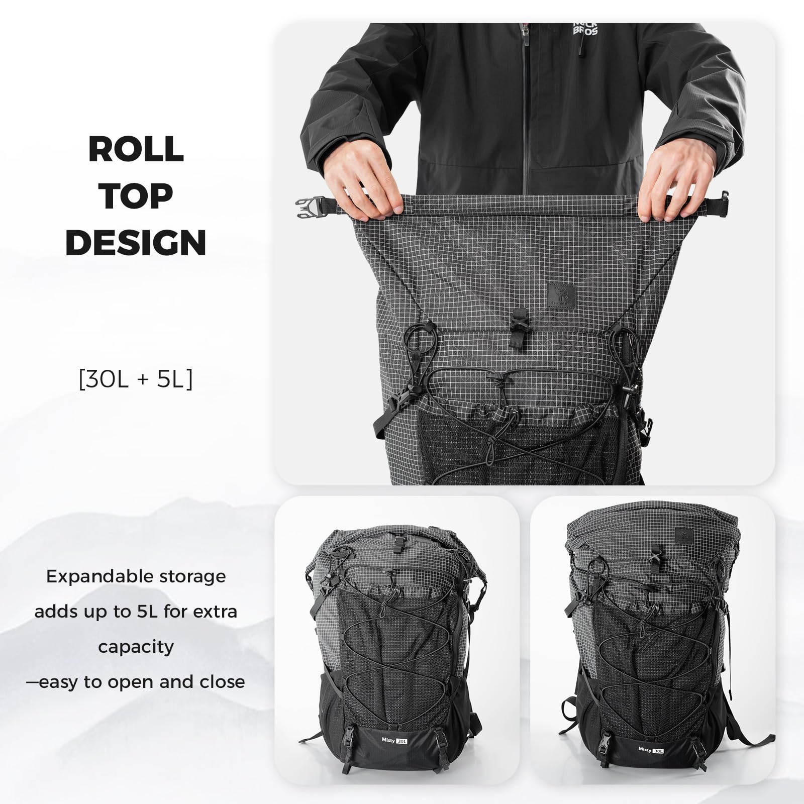 Plecak Roll-Top 30–35L Wodoodporny z Nylonu 200D, Ultralekki Plecak Turystyczny z Pasem Biodrowym, Systemem Hydratacyjnym i Rozszerzaną Pojemnością, na Kemping Rower Trekking