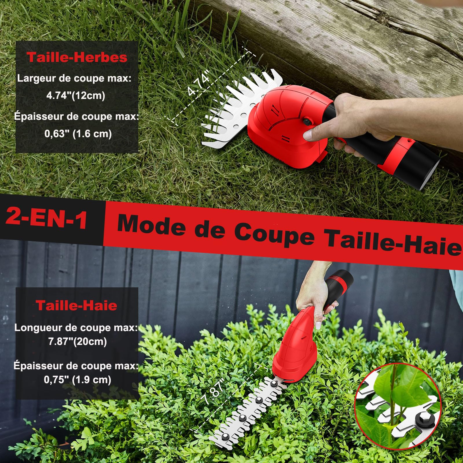 2 en 1 Taille-haie Electrique à Batterie12V Cisaille de Jardin sans Fil 6500tr/MIN Cisaille Sculpte-Haies Cisaille à Gazon Longeur de Lames 20cm/12cm pour Couper Herbes Arbustes