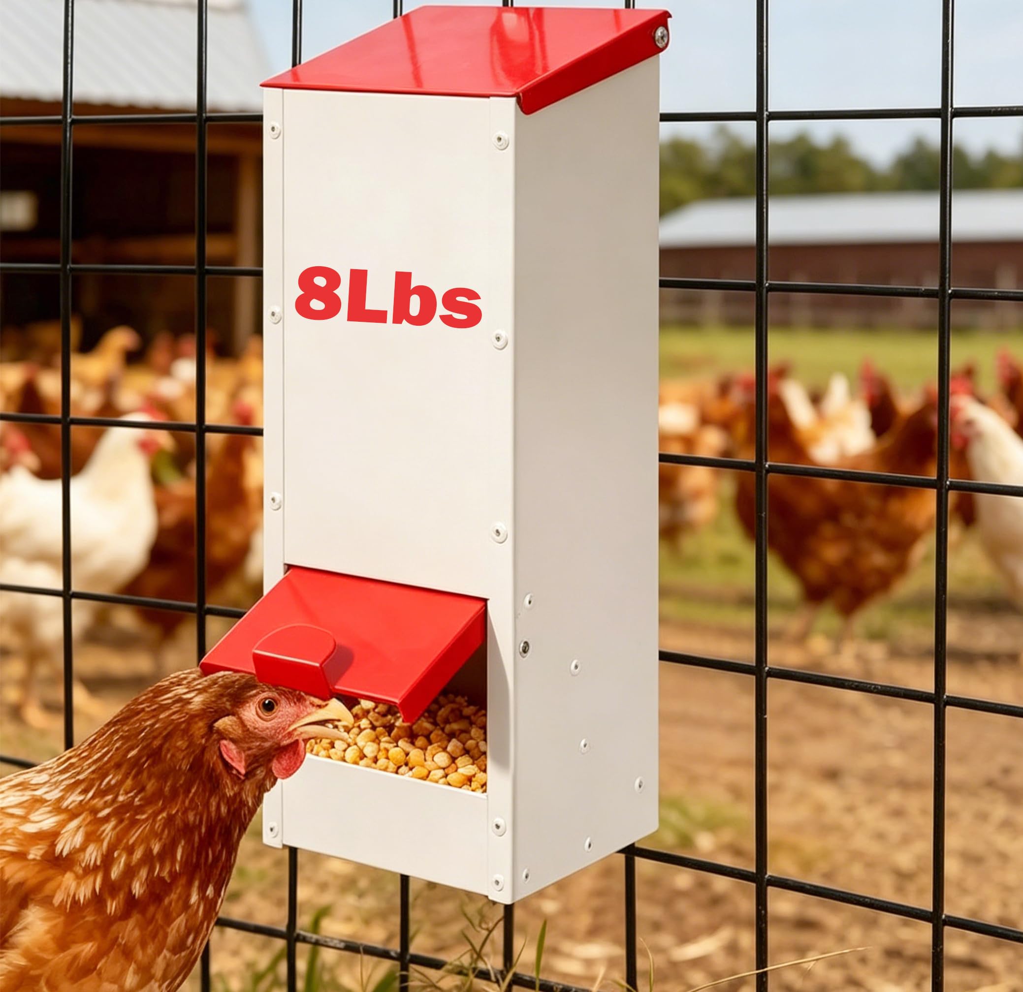 Mangiatoia per polli in metallo, senza sprechi, mangiatoia per ostriche, 3,6 kg, mangiatoia per pollame da appendere, distributore automatico di cibo per polli, con copertura antipioggia