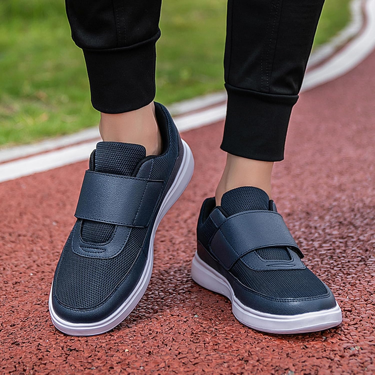 Men's Knitted Slip on Walking Shoes Fashion Hook & Loop Breathable Mesh Tennis Lightweight Non-Slip Casual Sneakers Workout Athletic Tennis Shoes for Elderly