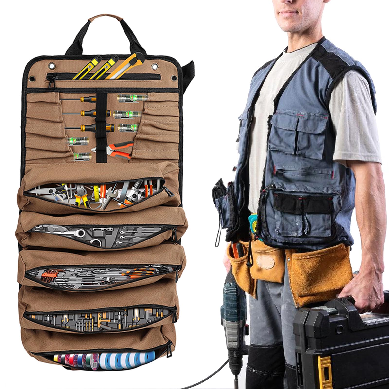 Bolsa de herramientas de lona multiusos con múltiples bolsillos para un almacenamiento eficiente, fácil acceso