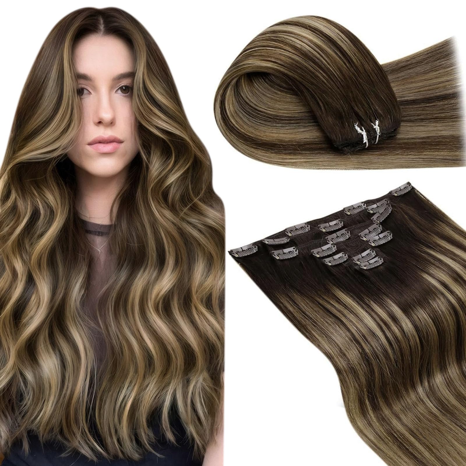 LaaVoo Hair Extensions Clip in Real Human Hair Brown Clip in Hair Extensions Dark Brown Full Head 16 Inch 120g 7pcs Remy Straight Hair Double Weft #4 — view 49