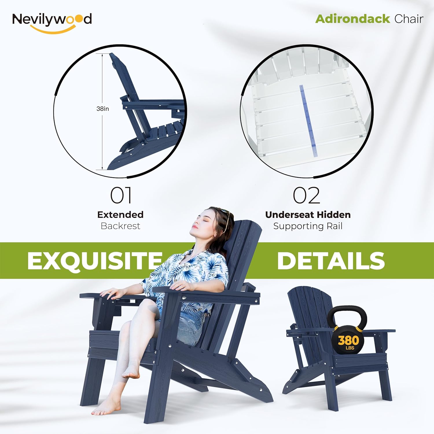 nevilywood Folding Adirondack Chair - Extended Ergonomic Backrest, Cup Holder - Easy Assembly - Durable HDPE Plastic, Weather Resistant & Maintenance-Free - Lawn, Patio, Deck Supports 380lbs NavyBlue - Image 5