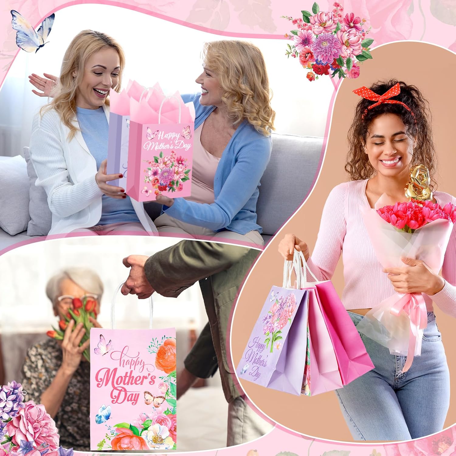 Kolldenn 48 Pcs Mother's Day Paper Bags Bulk Floral Happy Mothers Day Tissue Papers Floral Bags with Handle for Mom Grandma Wife Gift Wrapping Supplies