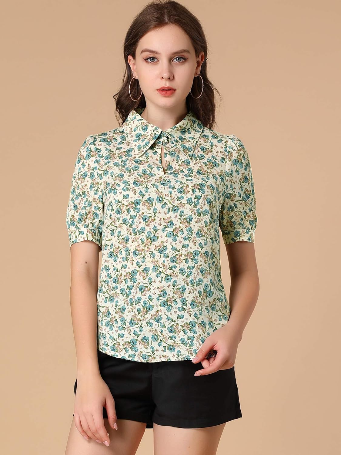 Allegra K Women's Elegant Shirt Collared 2025 Summer Short Sleeve 1950s Vintage Floral Blouse - Image 2