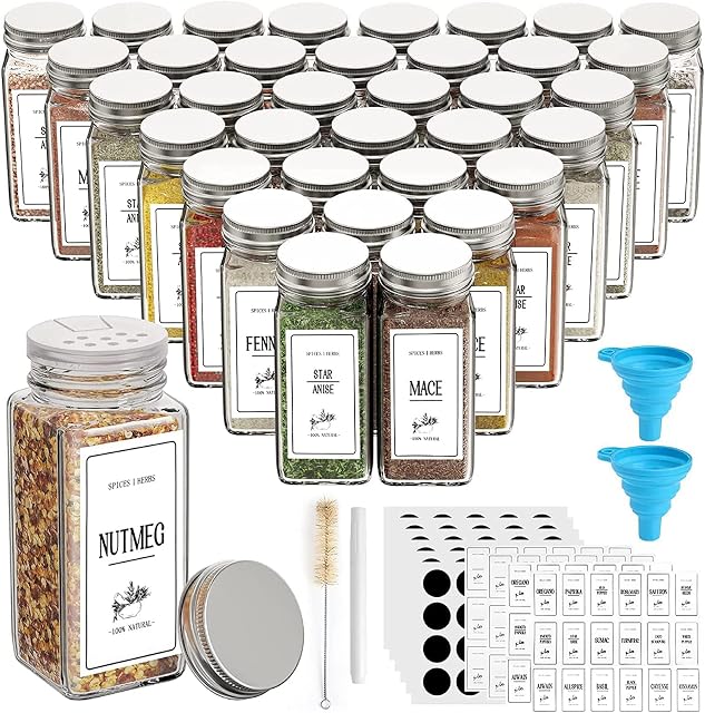 36 Pack Spice Jars with Lids 180 Labels, 4OZ Square Glass Spice Jars Spice Storage Spice Bottle Set 120ml Kitchen Spice Containers Jars with Shaker Lids 45pcs, 1 Pen, 1 Hose Brush, 2 Silicone Funnels