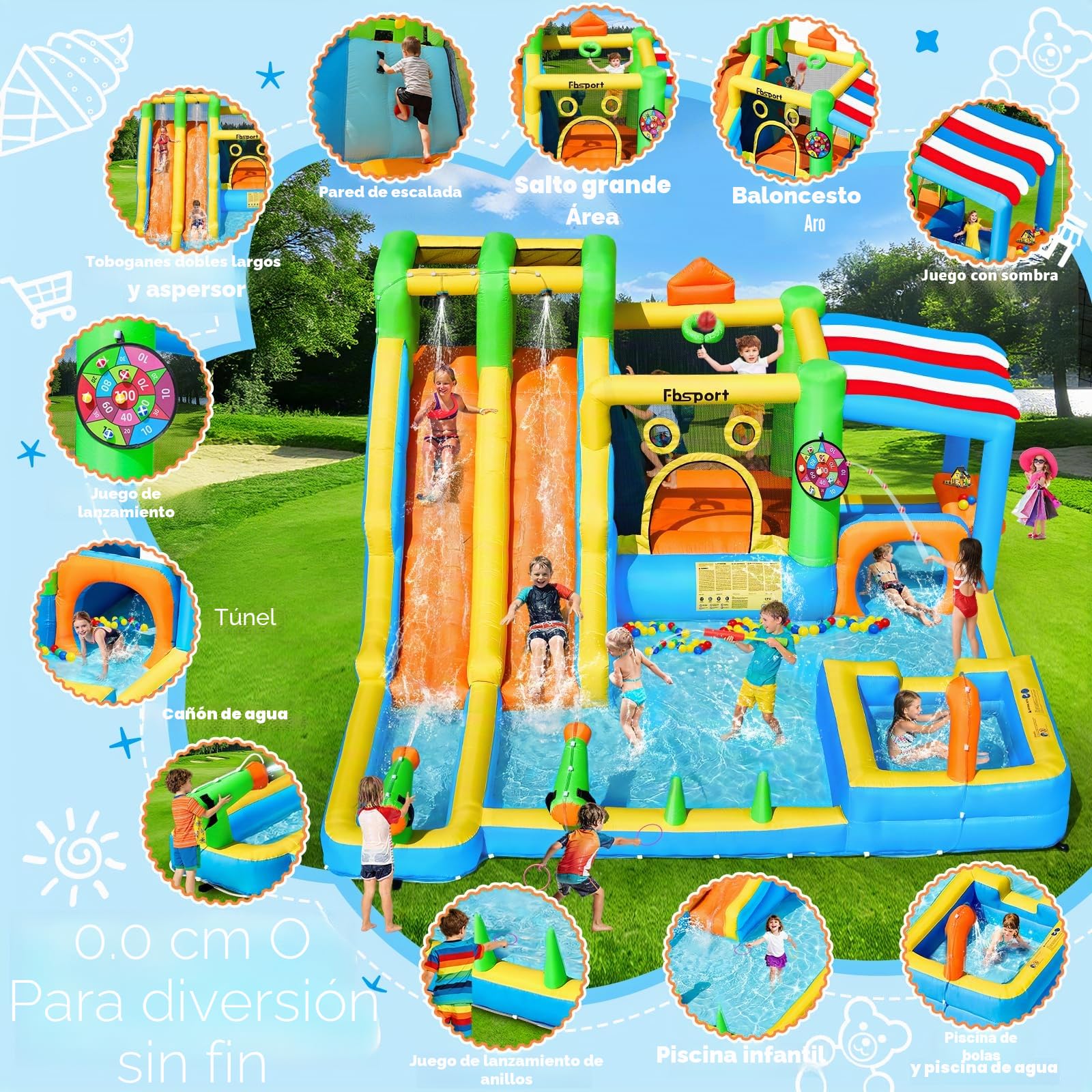 Castillo Hinchable Grande con 2 Toboganes de Agua, Parque Acuático Inflable para Niños con Trampolín, Piscina, Canasta de Baloncesto, Pared de Escalada, Uso Interior Exterior 445x403x200 cm