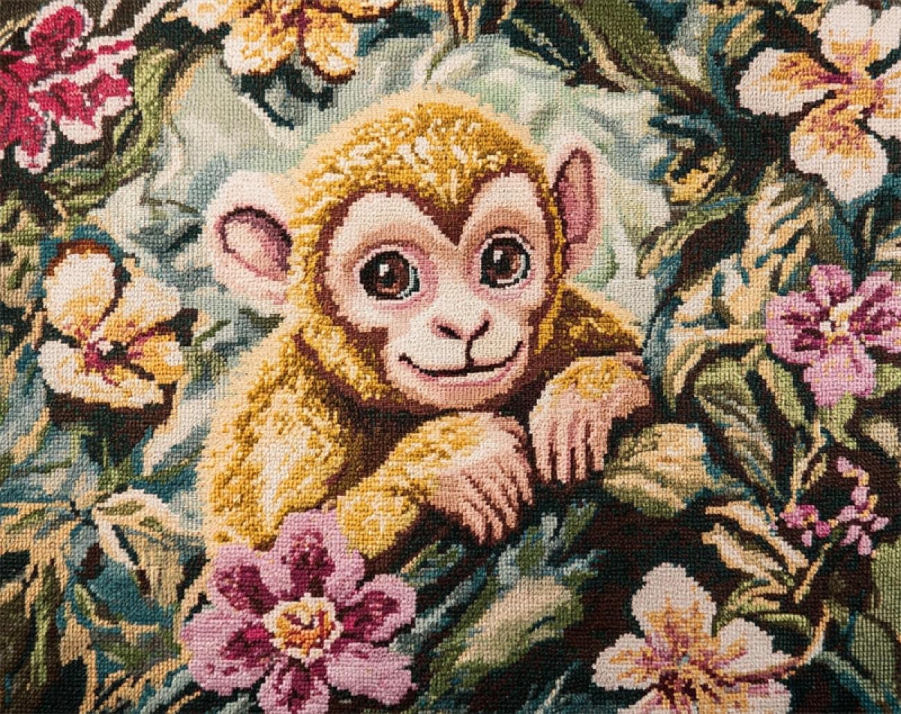 AMBATTERY Animal Tapestry Kit Monkeys and Flowers DIY Crochet Kit Embroidery Set Rug Making Canvas Kits Needlework Crafts for Home Decor 21x29in