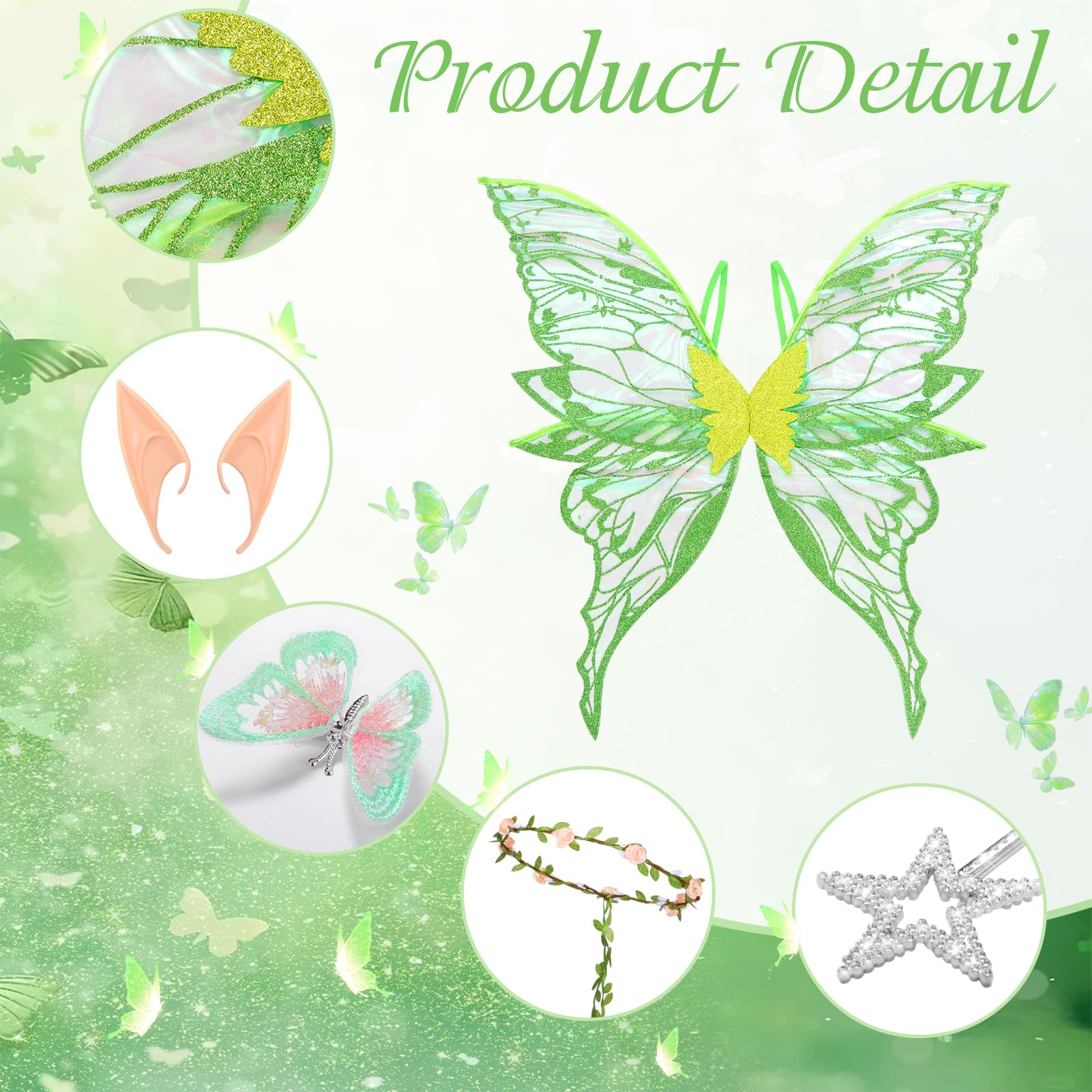 HarnyLoom Halloween Accessories Adult, Fairy Wings Fairy Wand Elf Ears Flower Headband Butterfly Hair Clips Hair Tinsel - Image 3