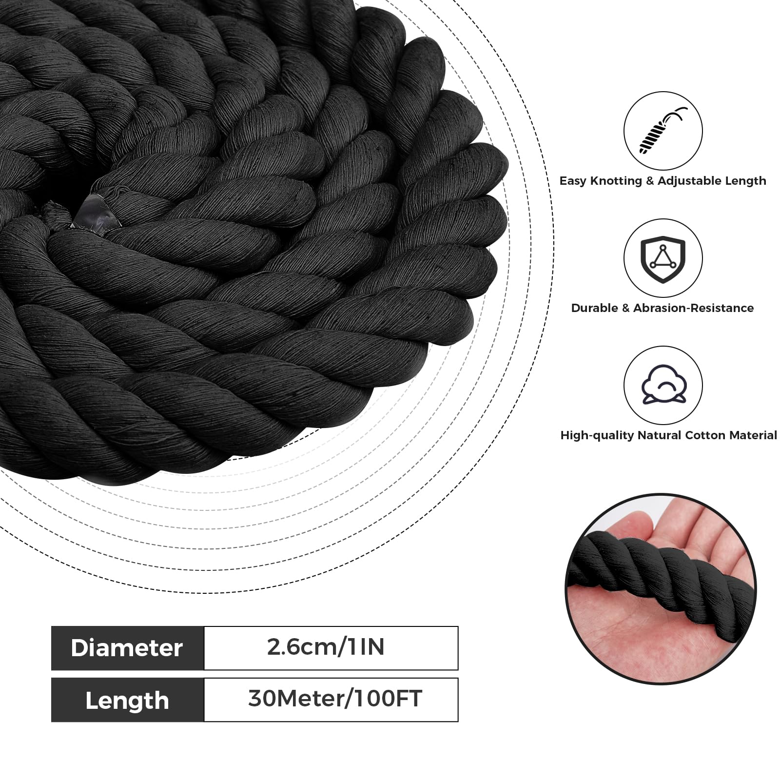 Corda in cotone naturale (2,5 cm x 30,5 m), corda in cotone intrecciato a 3 fili, corda nera spessa naturale, corda morbida per artigianato fai da te, decorazione per giocattoli per animali domestici,