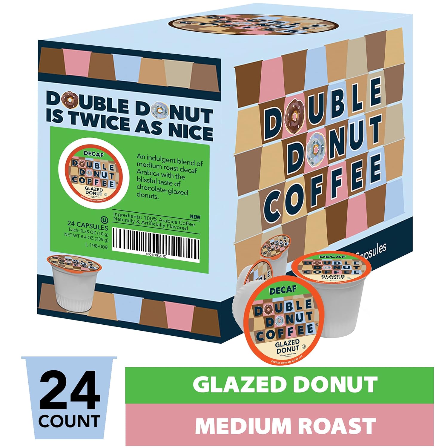 Double Donut Coffee Medium Roast Decaf Coffee Pods, Glazed Donut Flavored, for Keurig K-Cup Machines, 24 Single-Serve Capsules per Box (Pack of 2)