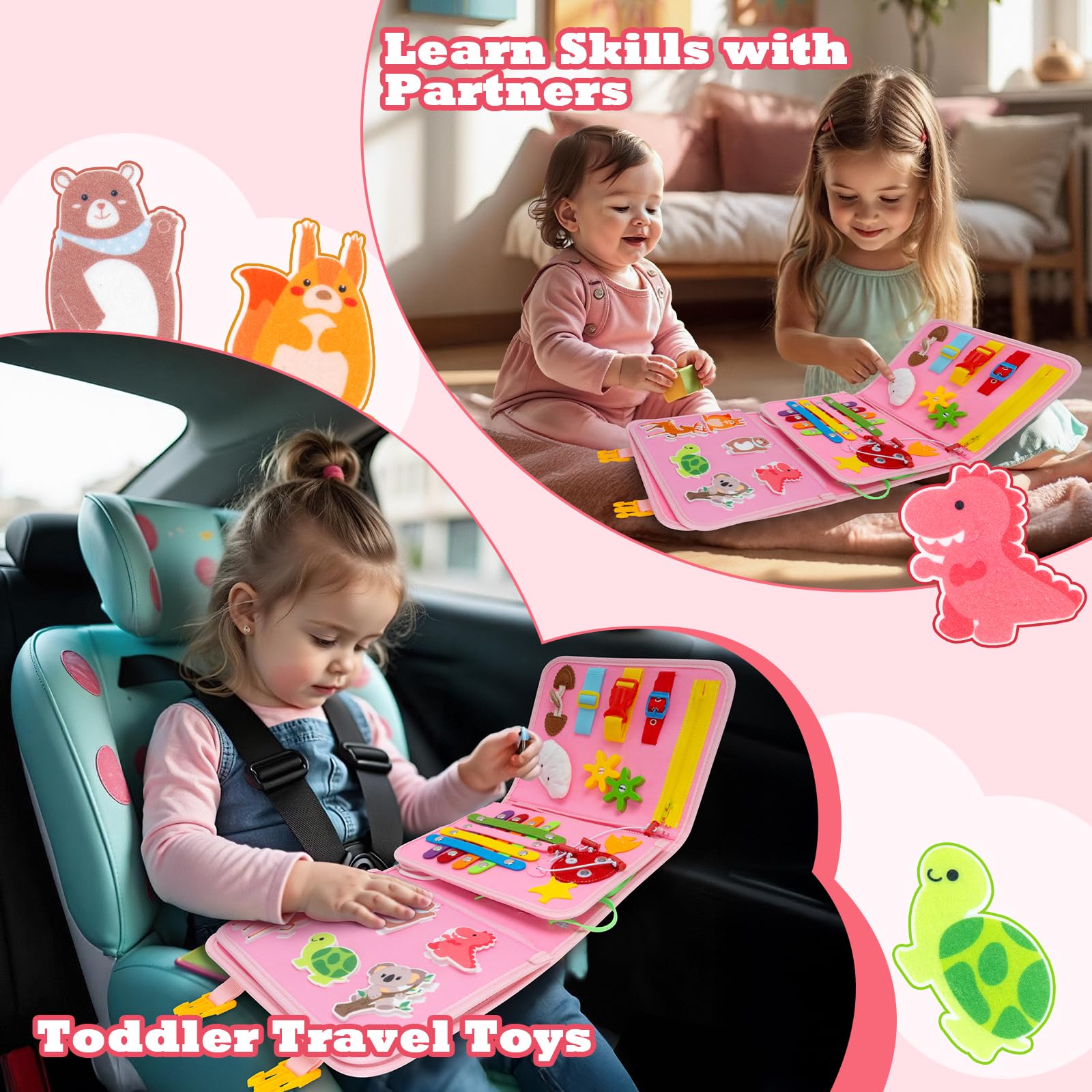 Busy Board Montessori Spielzeug, Kleinkind Quiet Book Activity Board Auto Flugzeug Reisespielzeug, Baby Motorikspielzeug, Sensorik Lernspielzeug Geschenk Mädchen ab 2+ Jahre, Rosa
