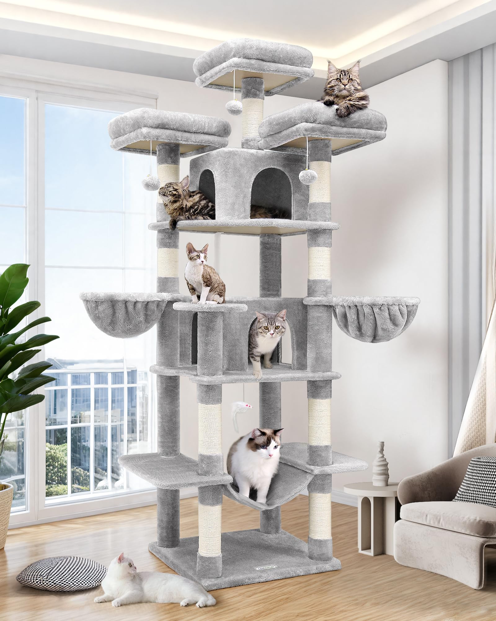 GloblazerBig Cat Tower for Indoor Cats, 80inch Cat Tower for Multiple Adult Cats XXL Cat Tree with Scratching Post, Hammock, 3 Perches, 2 Condos, 2 Hanging Basket, F80, Light Grey