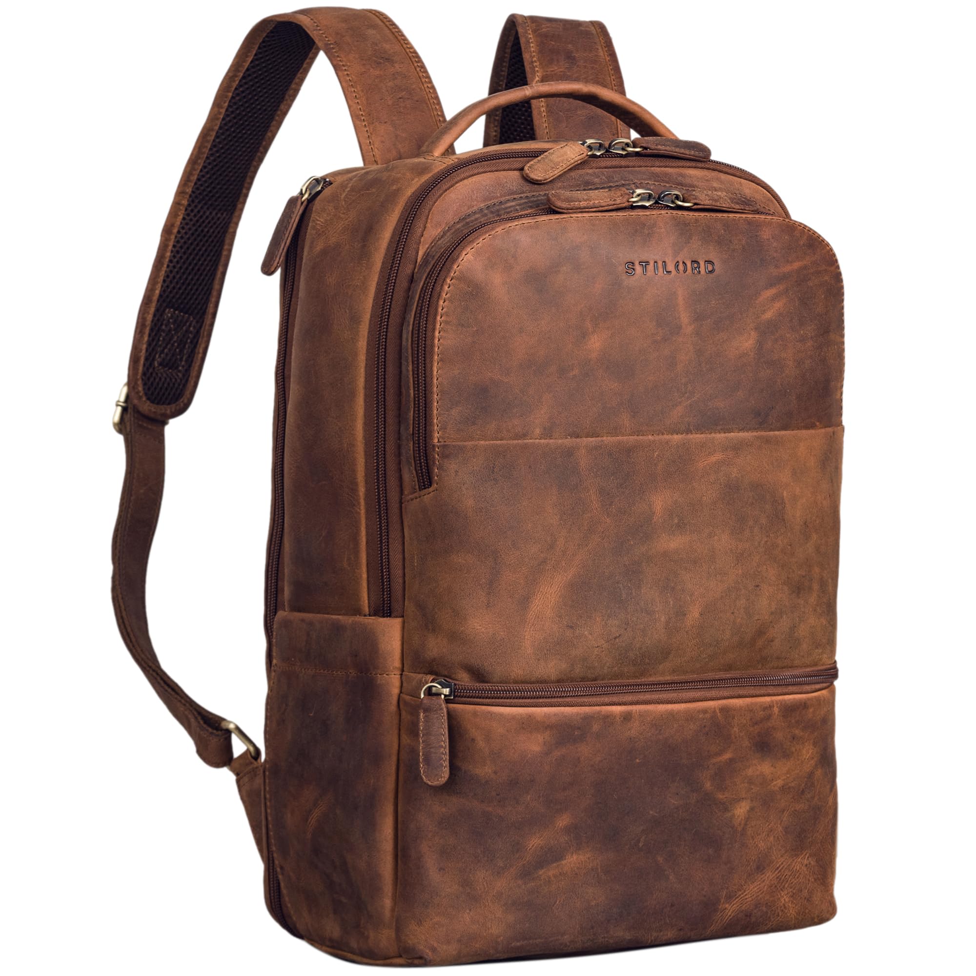 STILORD Thore' Mochila Cuero Lujo Compartimento para portátil de 17 Pulgadas Señoras Mochila de Negocios Hombres Vintage Daypack Cuero Genuino, Color:marrón - Medio